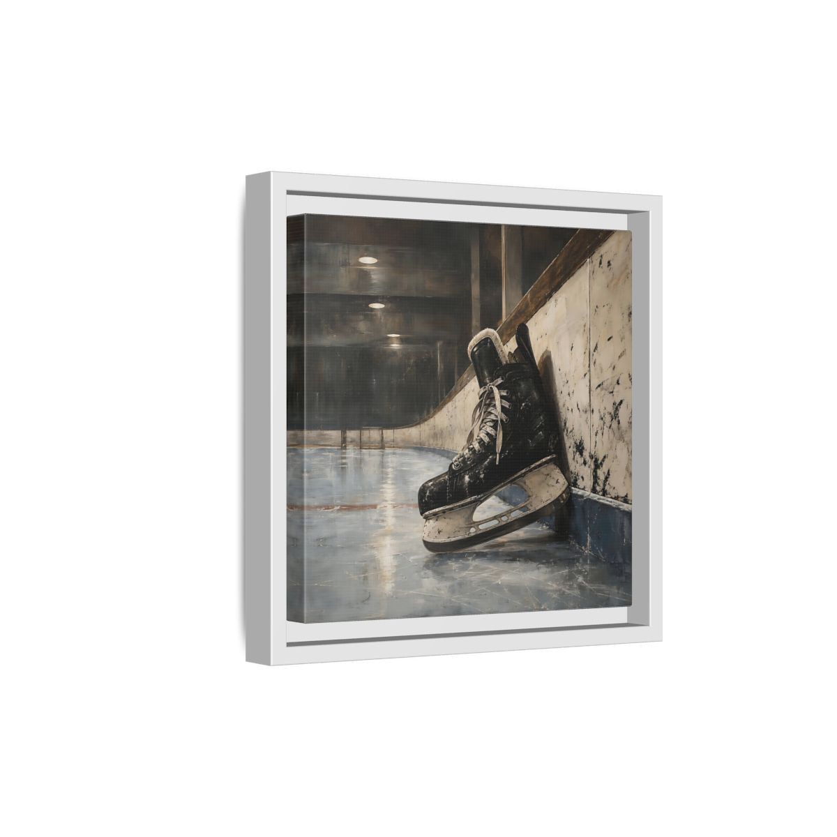 Side Mockup 19. Vintage Hockey Skate On Ice shown as framed canvas print
