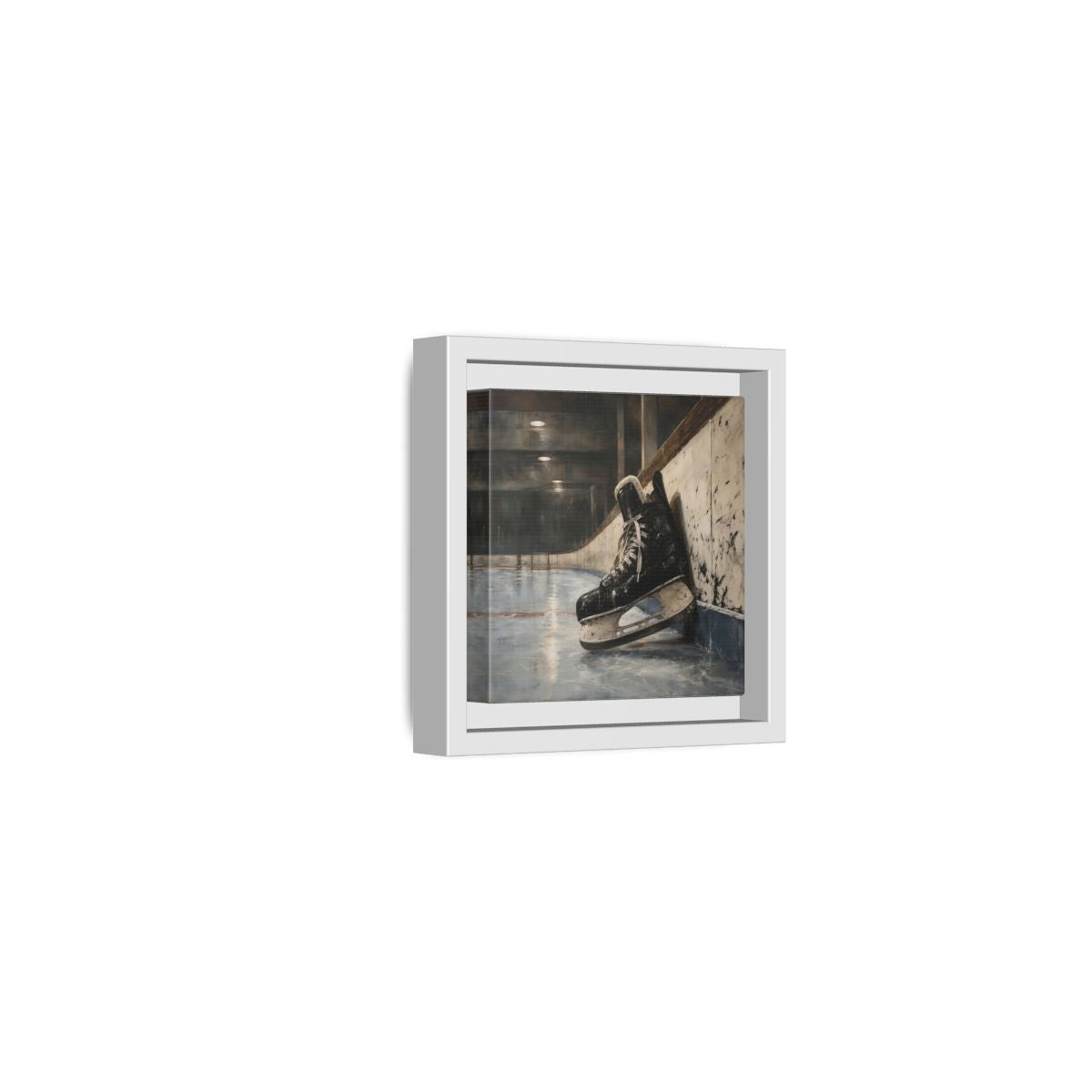 Side Mockup 22. Vintage Hockey Skate On Ice shown as framed canvas print