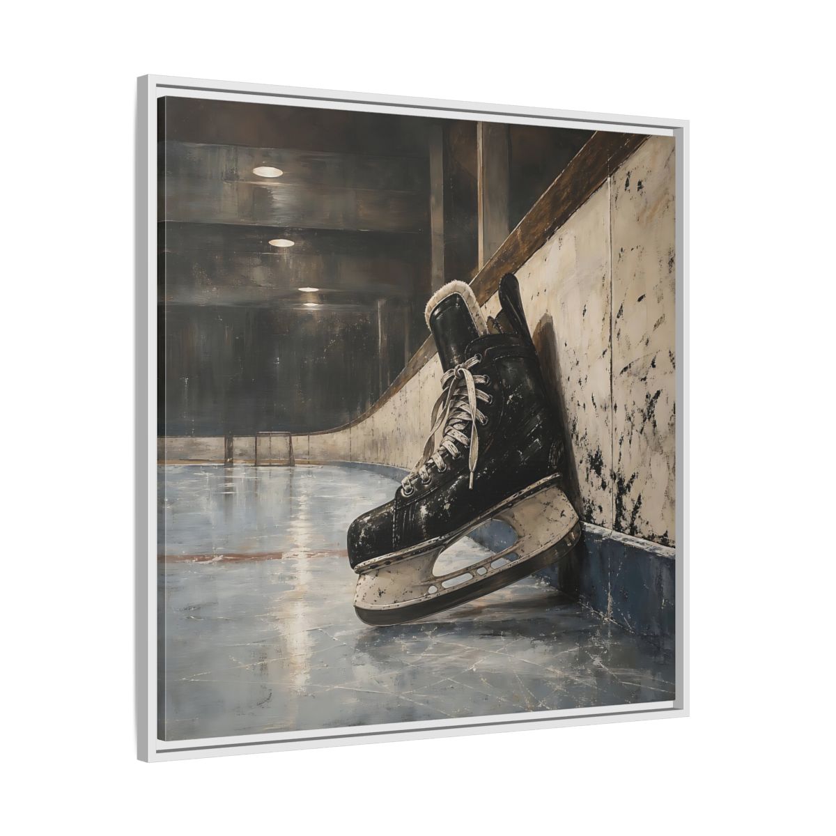 Side Mockup 25. Vintage Hockey Skate On Ice shown as framed canvas print