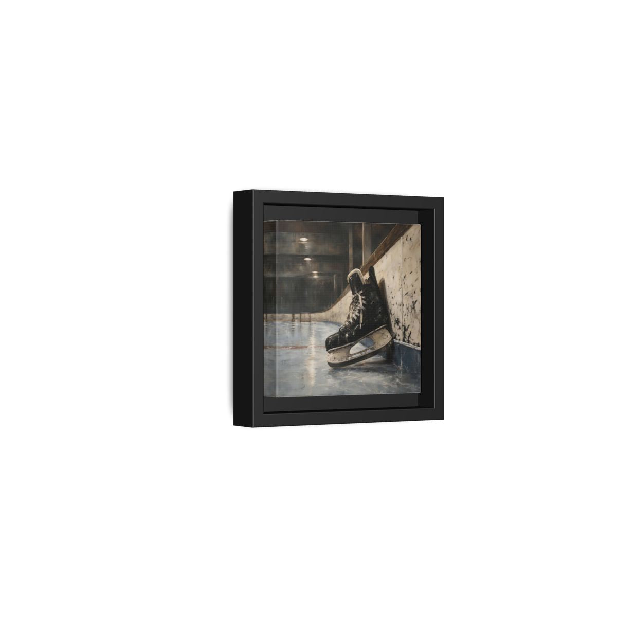 Side Mockup 24. Vintage Hockey Skate On Ice shown as framed canvas print