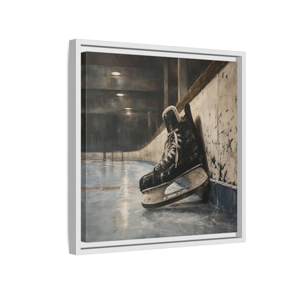 Side Mockup 13. Vintage Hockey Skate On Ice shown as framed canvas print