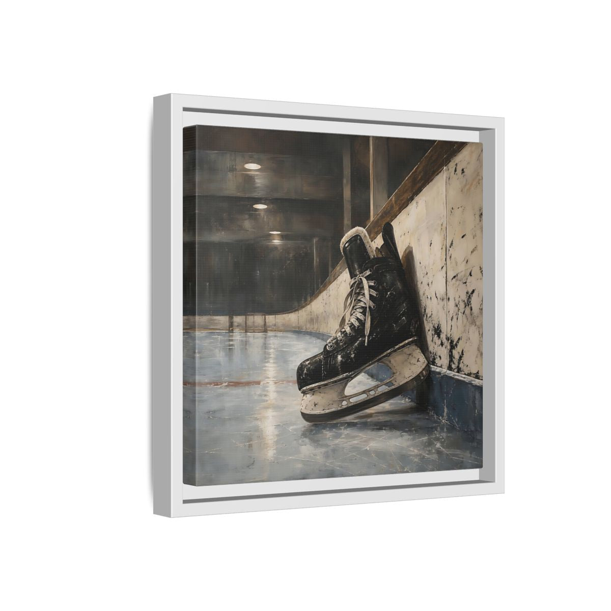 Side Mockup 16. Vintage Hockey Skate On Ice shown as framed canvas print
