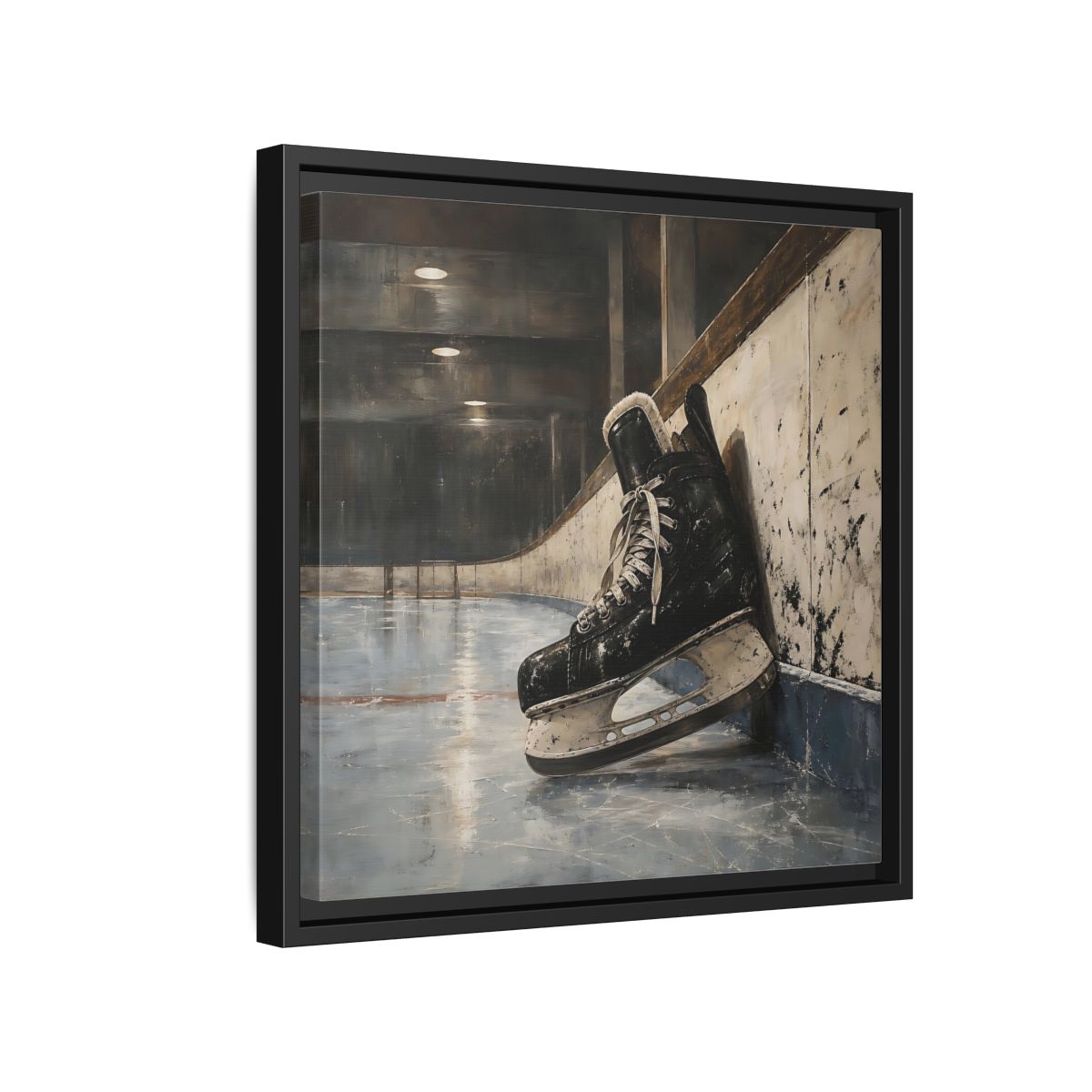 Side Mockup 15. Vintage Hockey Skate On Ice shown as framed canvas print