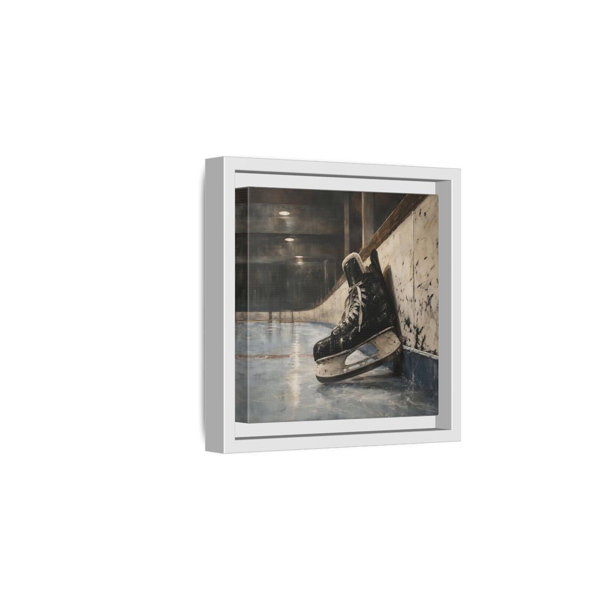 Side Mockup 1. Vintage Hockey Skate On Ice shown as framed canvas print