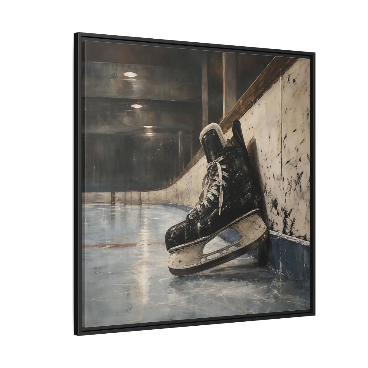 Side Mockup 6. Vintage Hockey Skate On Ice shown as framed canvas print