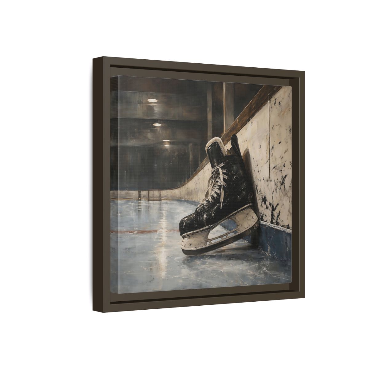 Side Mockup 17. Vintage Hockey Skate On Ice shown as framed canvas print