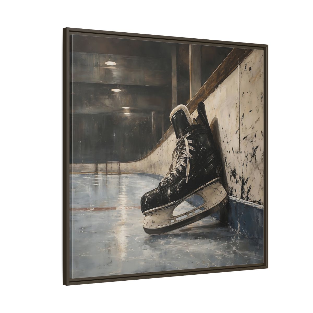 Side Mockup 5. Vintage Hockey Skate On Ice shown as framed canvas print