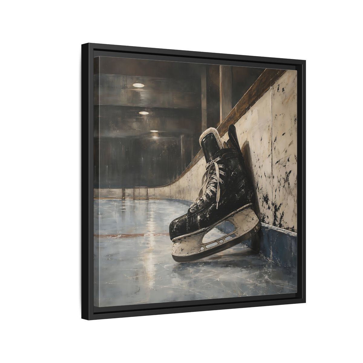 Side Mockup 12. Vintage Hockey Skate On Ice shown as framed canvas print