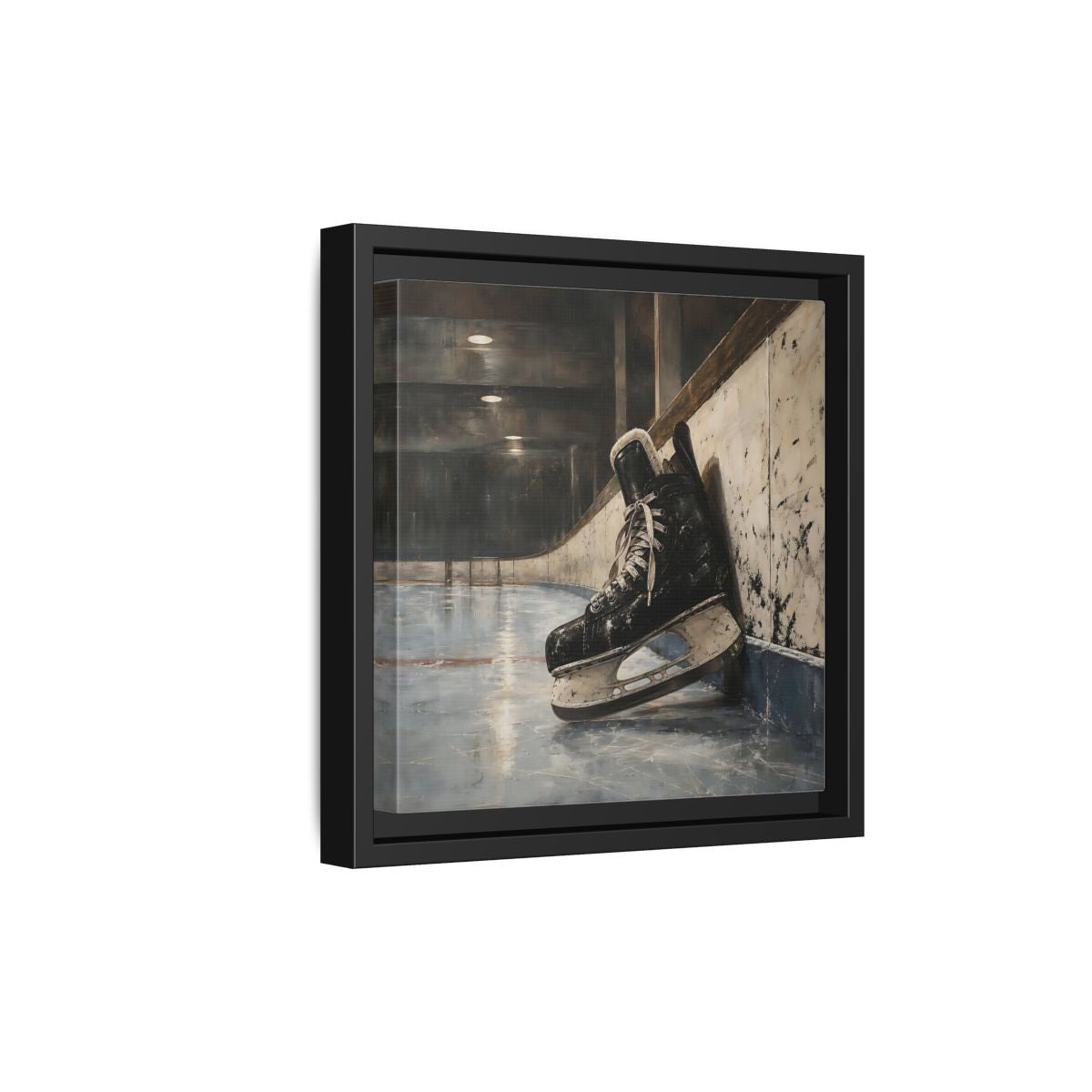 Side Mockup 21. Vintage Hockey Skate On Ice shown as framed canvas print