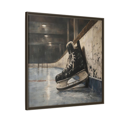 Side Mockup 8. Vintage Hockey Skate On Ice shown as framed canvas print