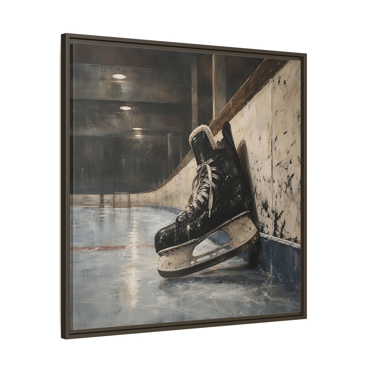 Main Mockup. Vintage Hockey Skate On Ice shown as framed canvas print