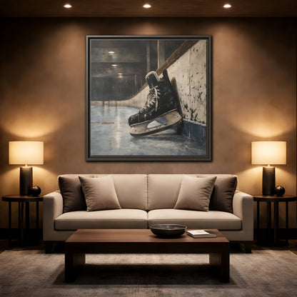 Mockup 2. Vintage Hockey Skate On Ice shown as framed canvas print