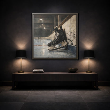 Mockup 3. Vintage Hockey Skate On Ice shown as framed canvas print