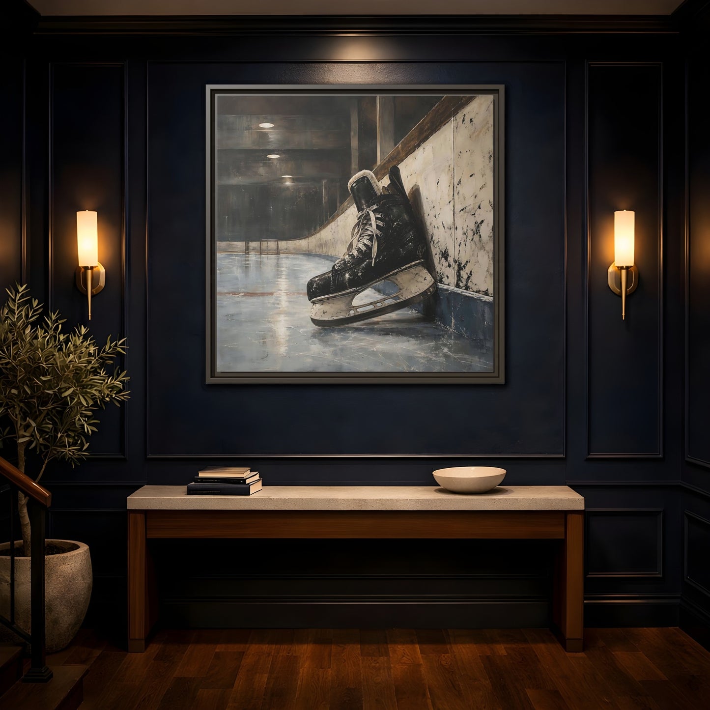 Mockup 4. Vintage Hockey Skate On Ice shown as framed canvas print