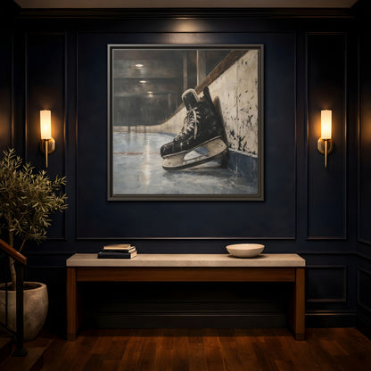 Mockup 4. Vintage Hockey Skate On Ice shown as framed canvas print