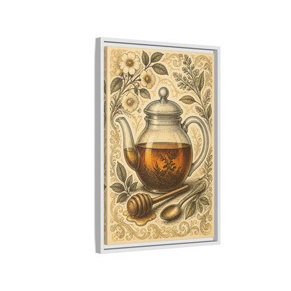 Side Mockup 1. Vintage Honey Teapot Illustration shown as framed canvas print