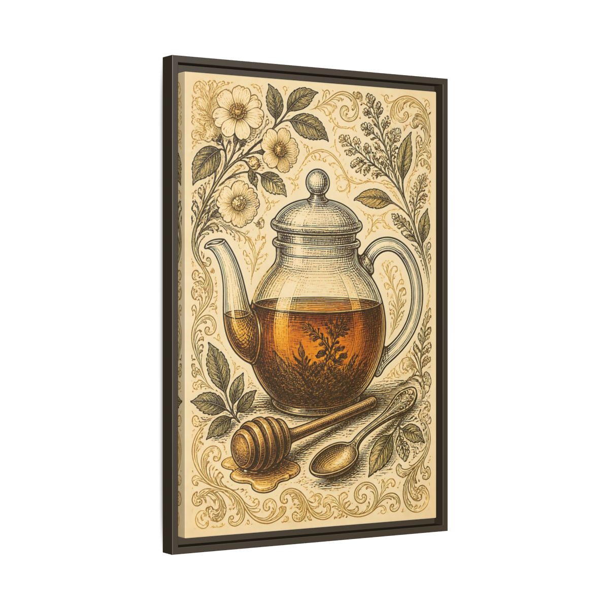 Side Mockup 11. Vintage Honey Teapot Illustration shown as framed canvas print