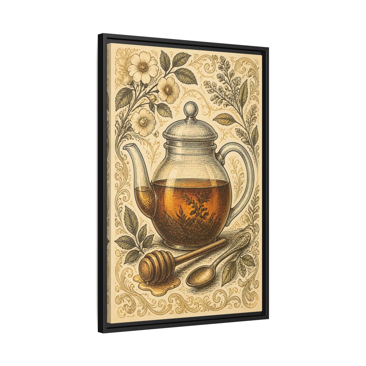 Side Mockup 14. Vintage Honey Teapot Illustration shown as framed canvas print