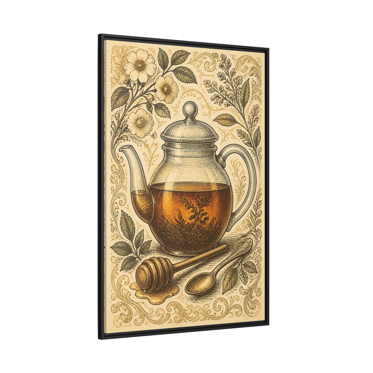Side Mockup 12. Vintage Honey Teapot Illustration shown as framed canvas print