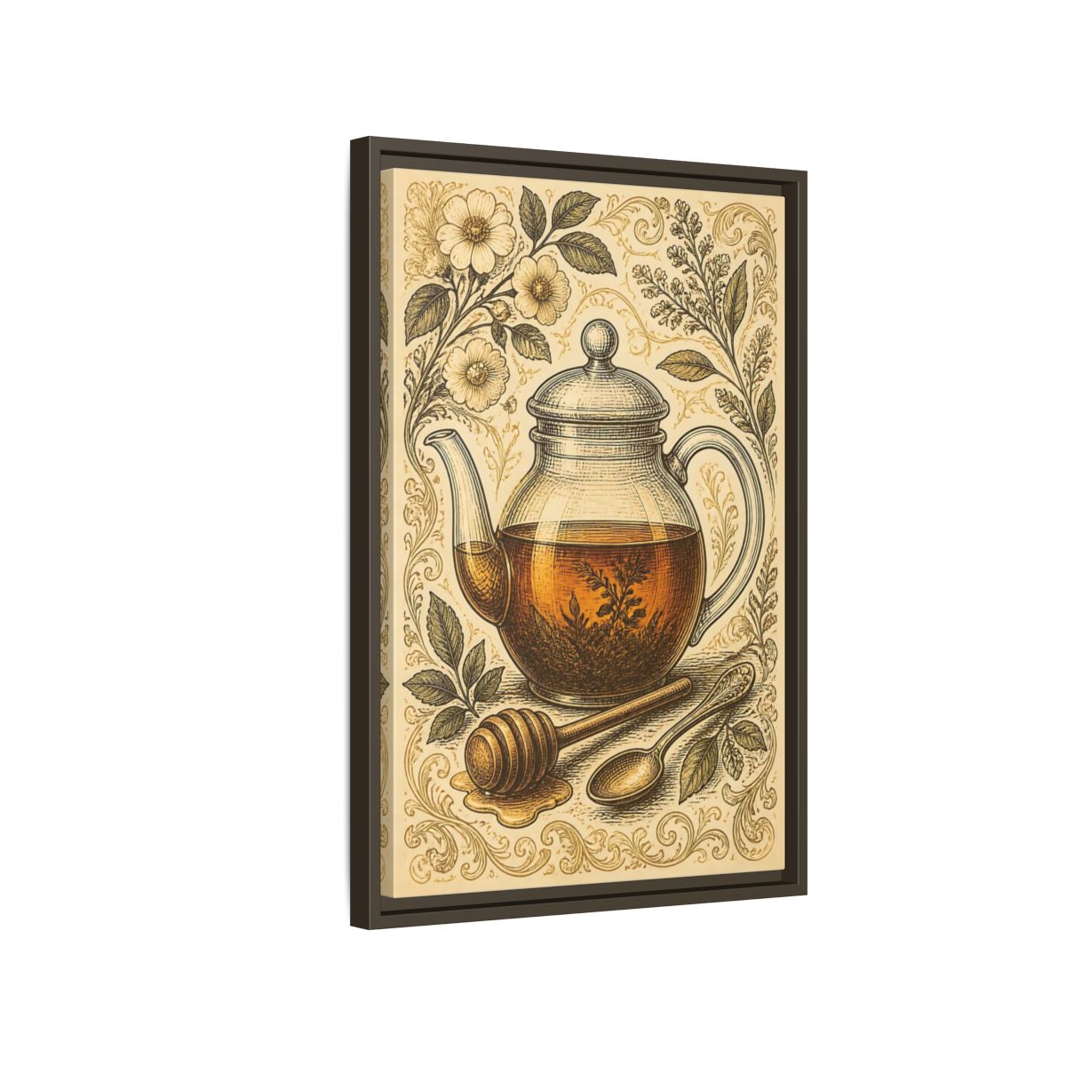 Side Mockup 2. Vintage Honey Teapot Illustration shown as framed canvas print