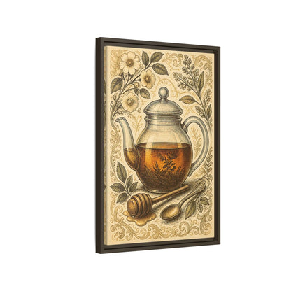 Side Mockup 2. Vintage Honey Teapot Illustration shown as framed canvas print