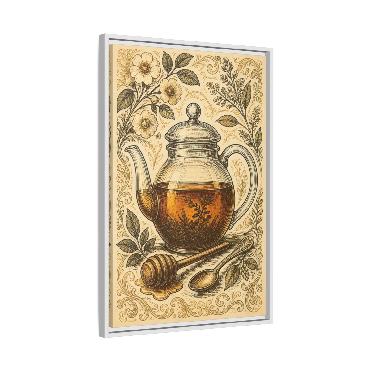 Side Mockup 10. Vintage Honey Teapot Illustration shown as framed canvas print