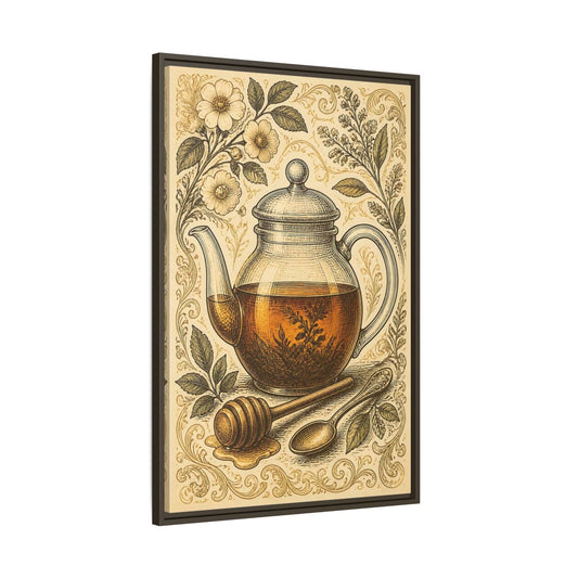 Main Mockup. Vintage Honey Teapot Illustration shown as framed canvas print
