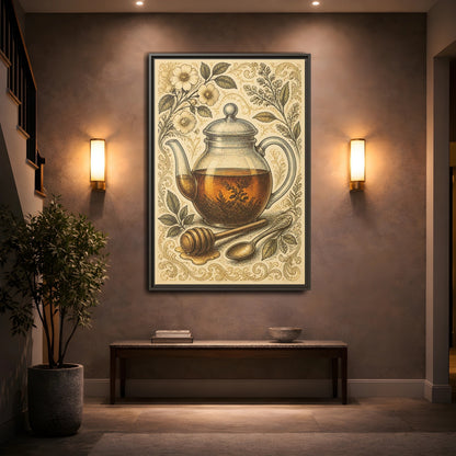 Mockup 2. Vintage Honey Teapot Illustration shown as framed canvas print