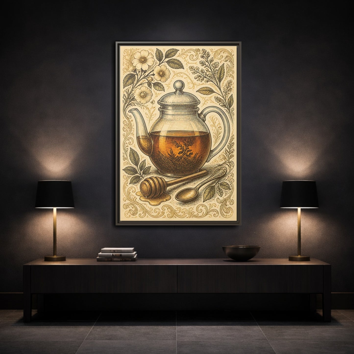 Mockup 3. Vintage Honey Teapot Illustration shown as framed canvas print