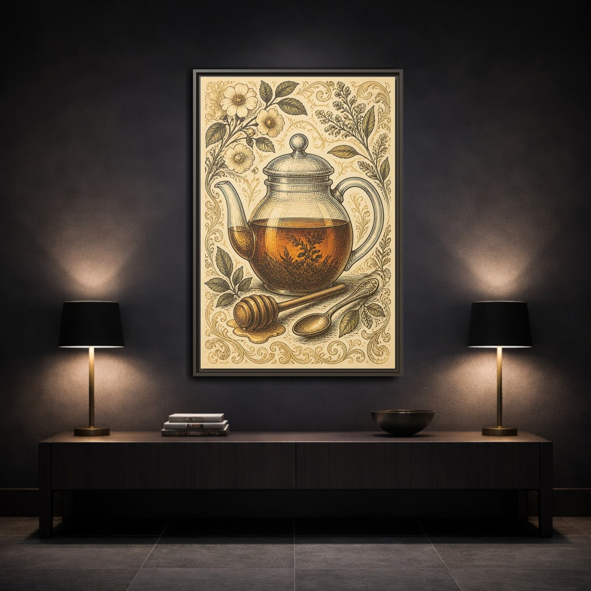 Mockup 3. Vintage Honey Teapot Illustration shown as framed canvas print