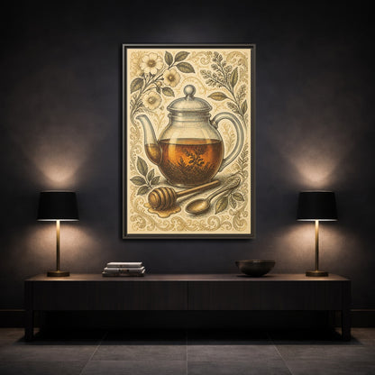 Mockup 3. Vintage Honey Teapot Illustration shown as framed canvas print