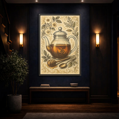 Mockup 4. Vintage Honey Teapot Illustration shown as framed canvas print