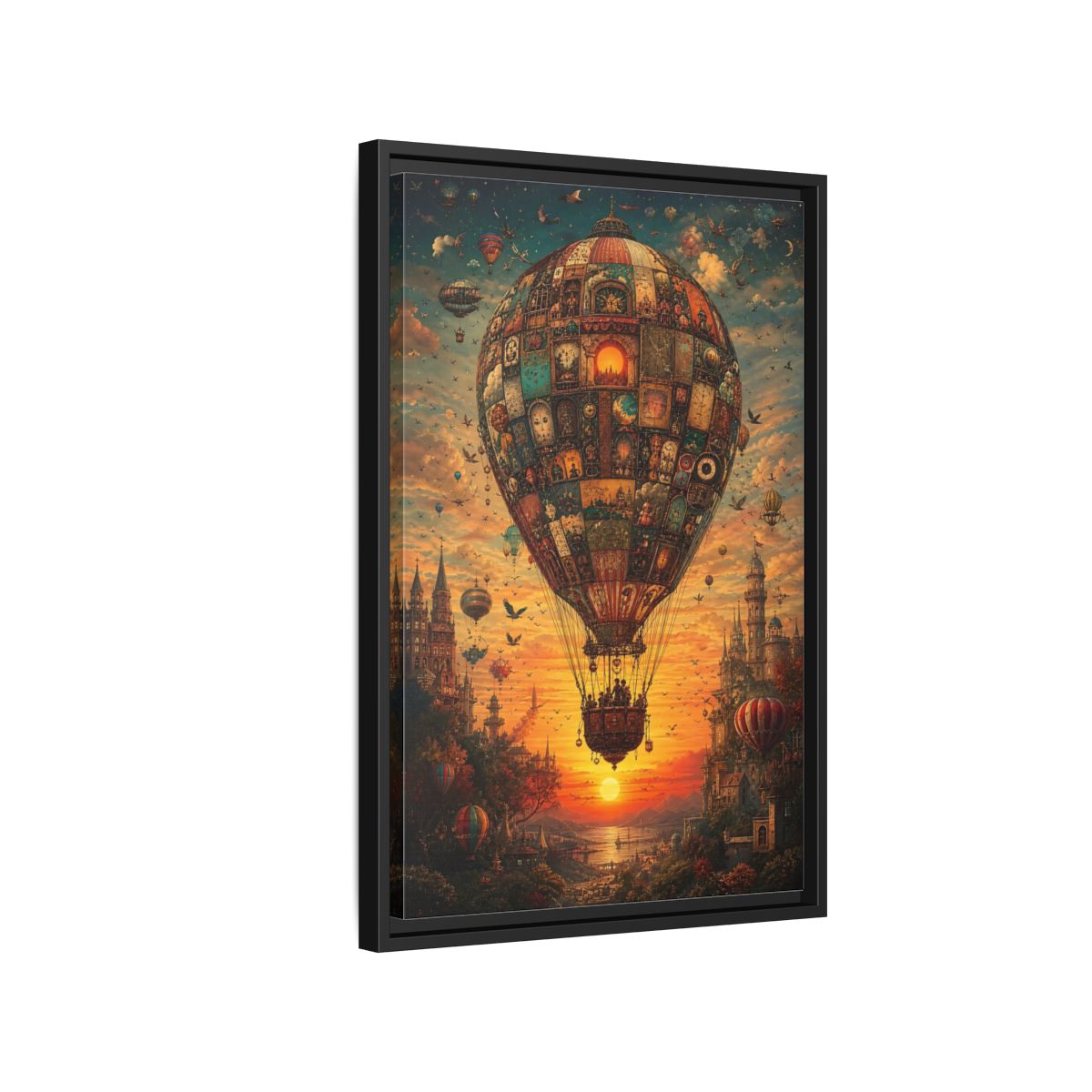 Side Mockup 3. Vintage Hot Air Balloon Orange Blue Sunset shown as stretched canvas wall art