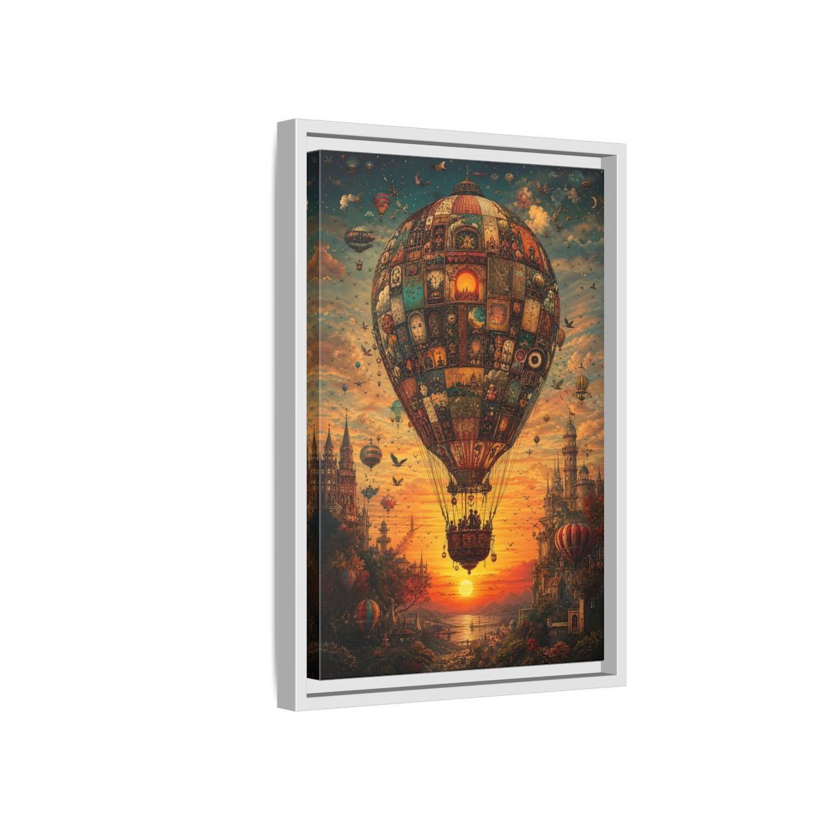 Side Mockup 4. Vintage Hot Air Balloon Orange Blue Sunset shown as stretched canvas wall art