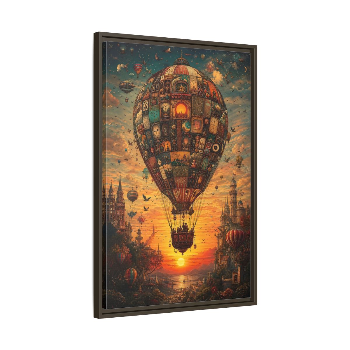 Side Mockup 11. Vintage Hot Air Balloon Orange Blue Sunset shown as stretched canvas wall art