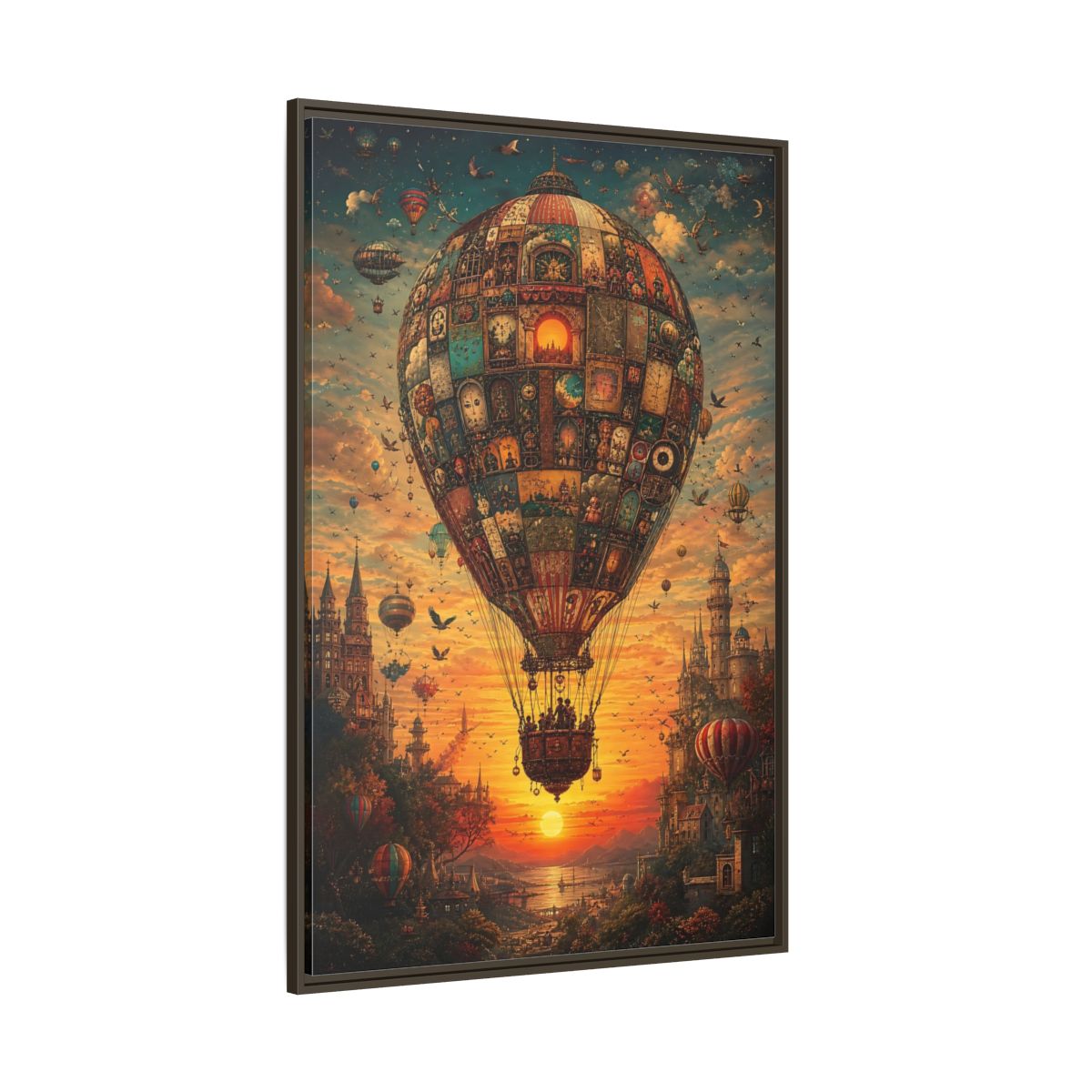 Side Mockup 8. Vintage Hot Air Balloon Orange Blue Sunset shown as stretched canvas wall art