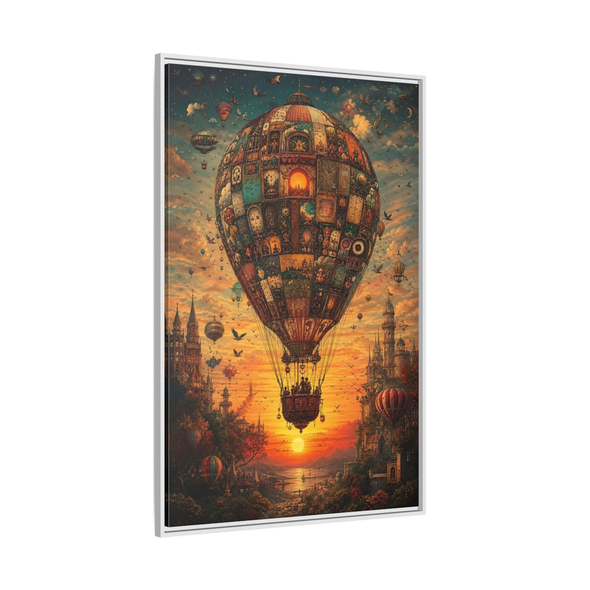 Side Mockup 7. Vintage Hot Air Balloon Orange Blue Sunset shown as stretched canvas wall art