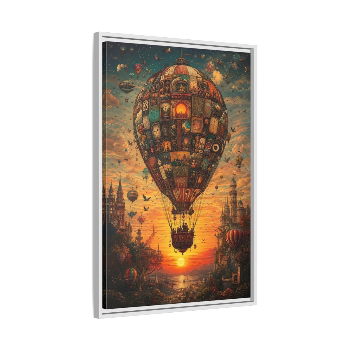 Side Mockup 10. Vintage Hot Air Balloon Orange Blue Sunset shown as stretched canvas wall art