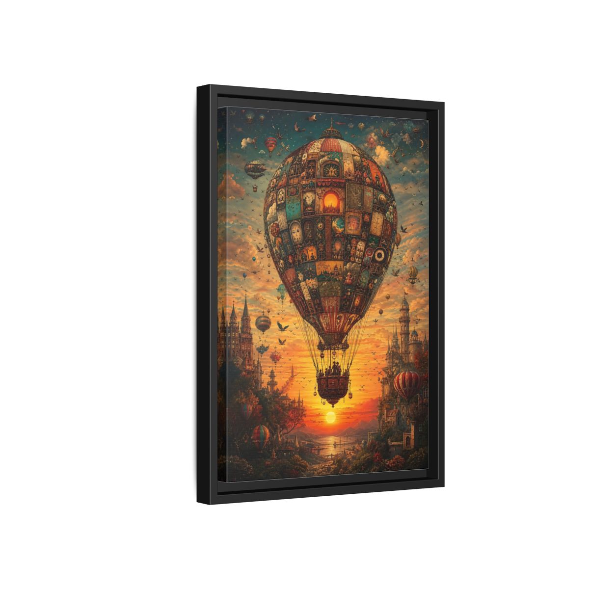 Vintage Hot Air Balloon Orange Blue Framed Canvas Wall Art - Ornate Living Room shown as canvas wall art