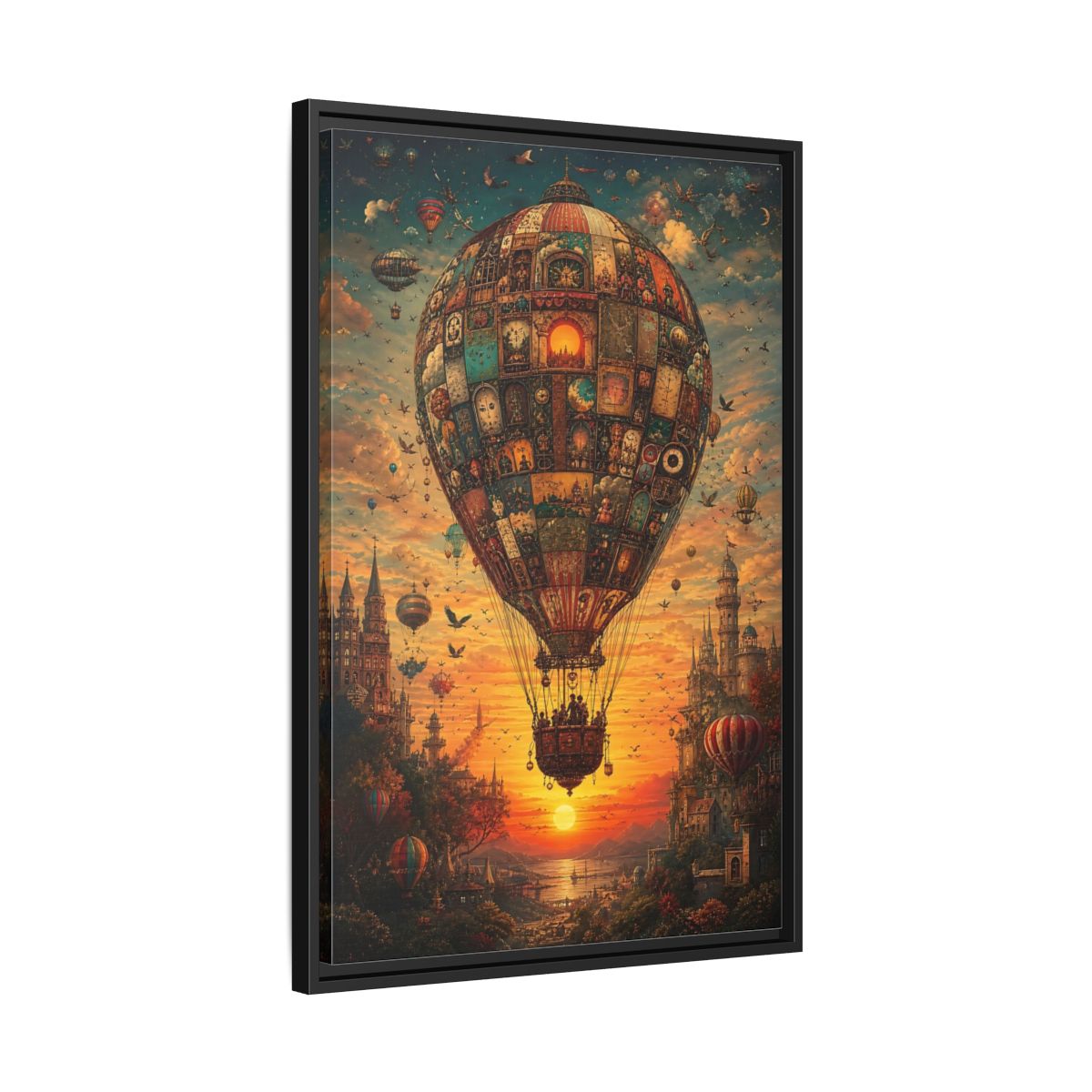 Side Mockup 14. Vintage Hot Air Balloon Orange Blue Sunset shown as stretched canvas wall art