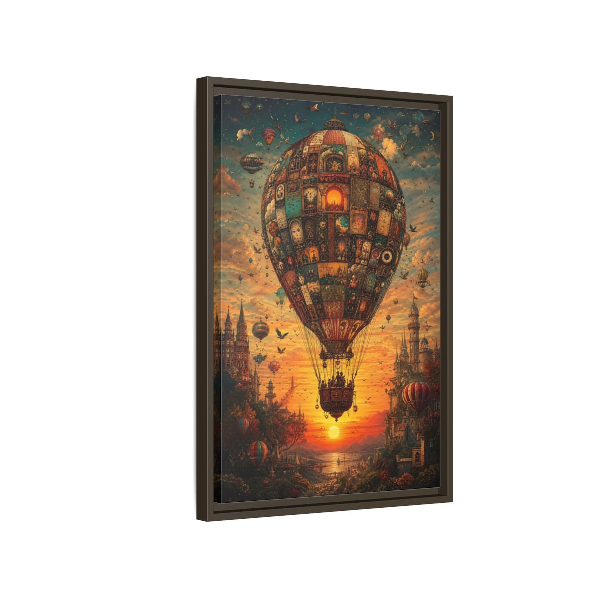 Side Mockup 2. Vintage Hot Air Balloon Orange Blue Sunset shown as stretched canvas wall art