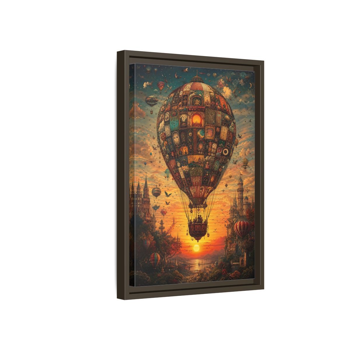 Side Mockup 5. Vintage Hot Air Balloon Orange Blue Sunset shown as stretched canvas wall art