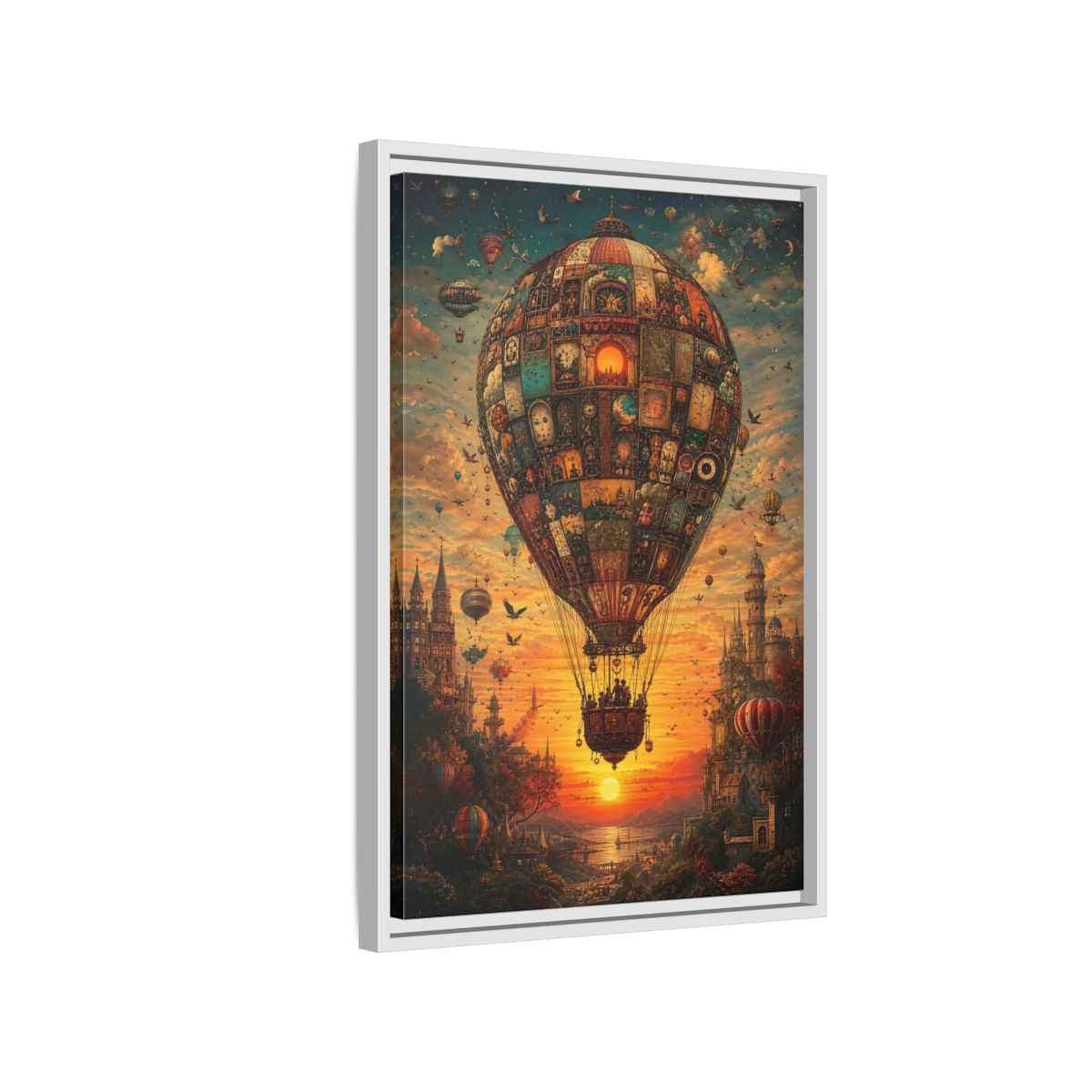 Side Mockup 1. Vintage Hot Air Balloon Orange Blue Sunset shown as stretched canvas wall art