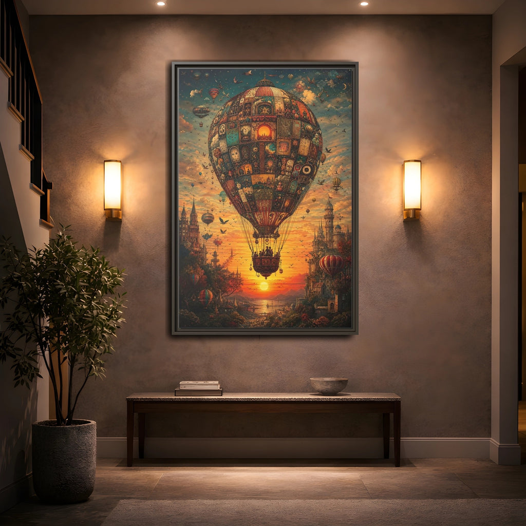 Mockup 2. Vintage Hot Air Balloon Orange Blue Sunset shown as stretched canvas wall art