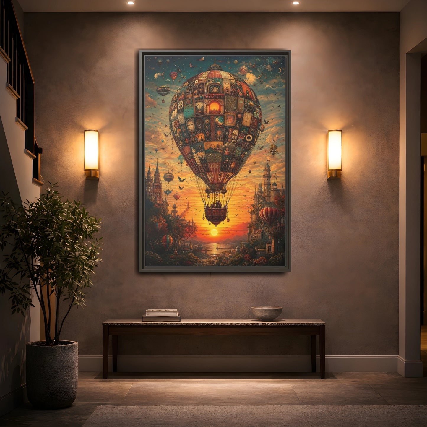 Vintage Hot Air Balloon Orange Blue Framed Canvas Wall Art - Ornate Living Room shown as canvas wall art