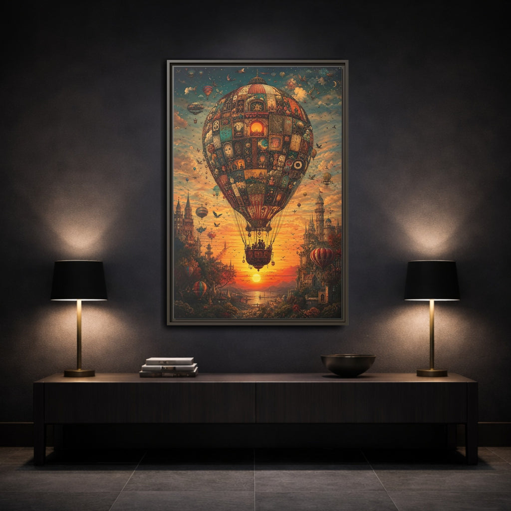 Mockup 3. Vintage Hot Air Balloon Orange Blue Sunset shown as stretched canvas wall art
