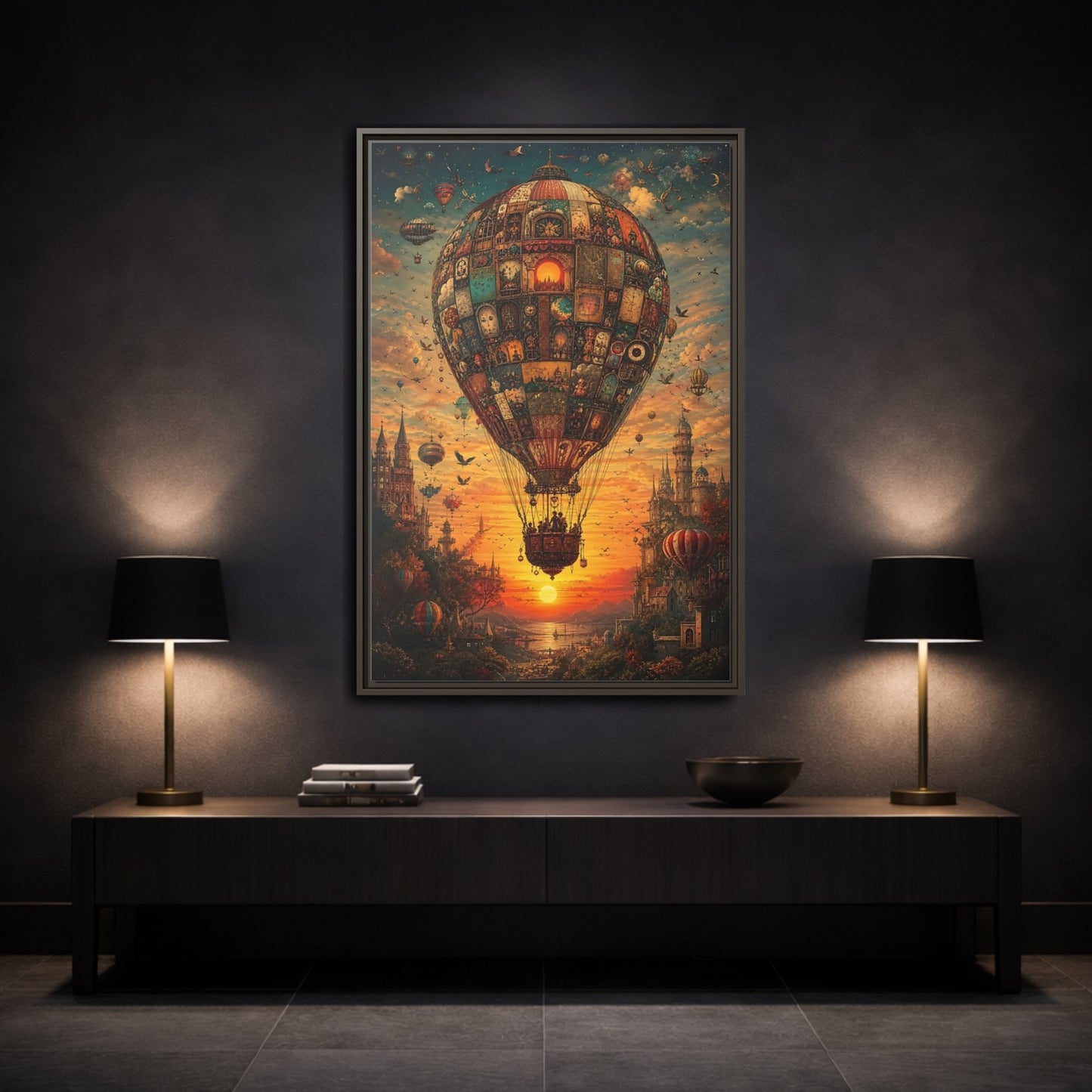 Vintage Hot Air Balloon Orange Blue Framed Canvas Wall Art - Ornate Living Room shown as canvas wall art