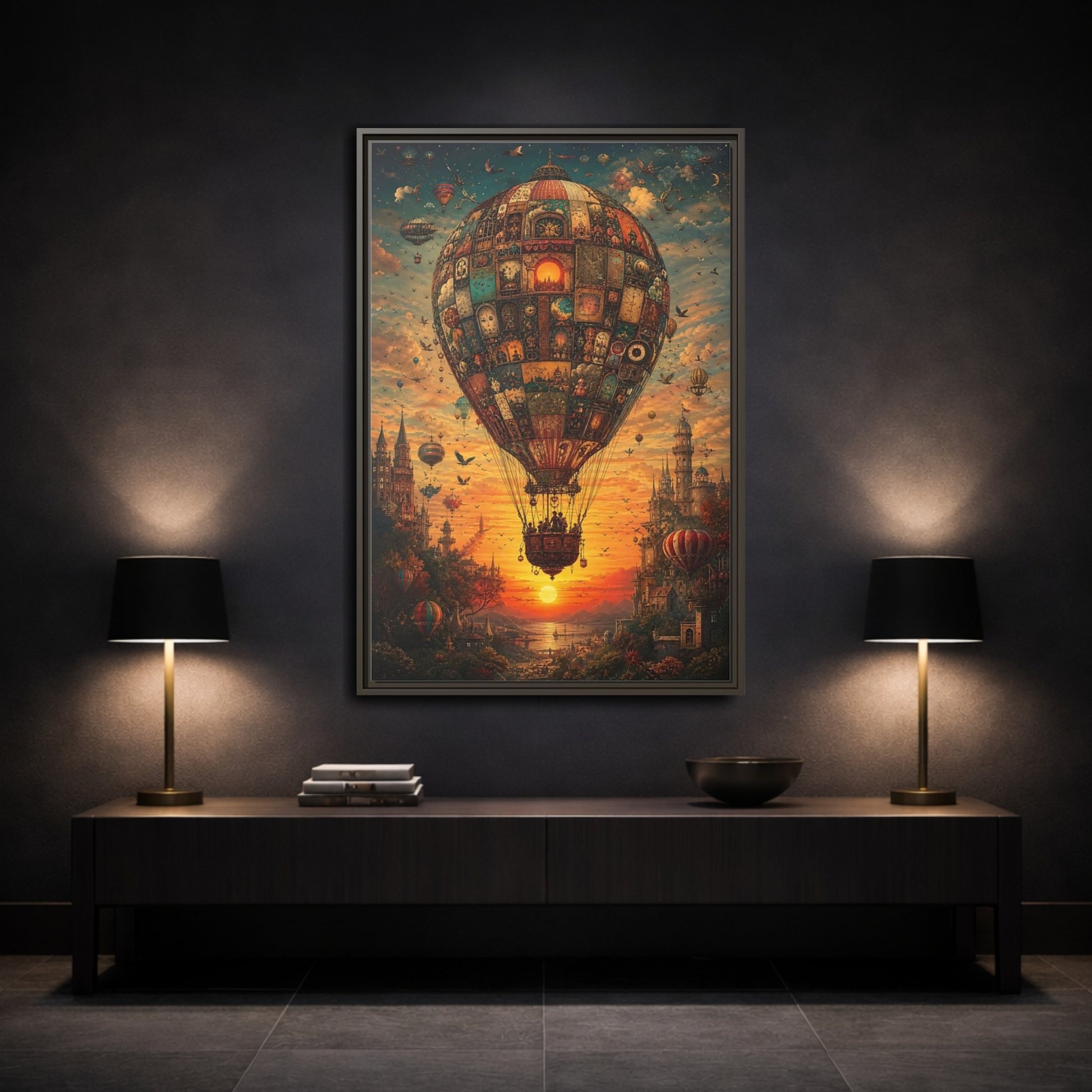 Vintage Hot Air Balloon Orange Blue Framed Canvas Wall Art - Ornate Living Room shown as canvas wall art
