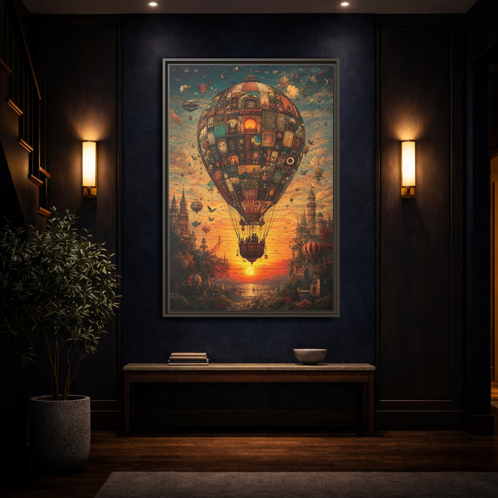 Mockup 4. Vintage Hot Air Balloon Orange Blue Sunset shown as stretched canvas wall art