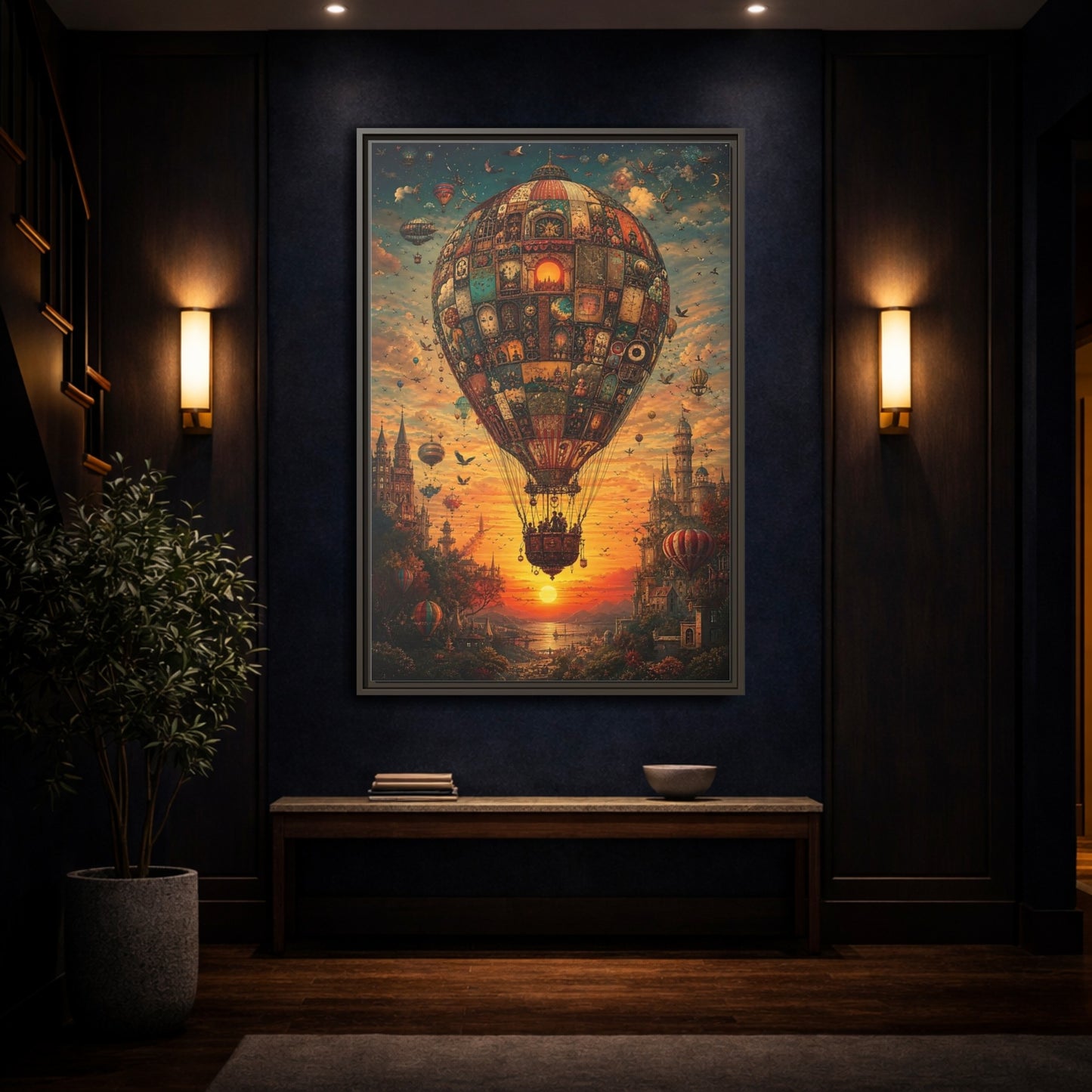 Vintage Hot Air Balloon Orange Blue Framed Canvas Wall Art - Ornate Living Room shown as canvas wall art